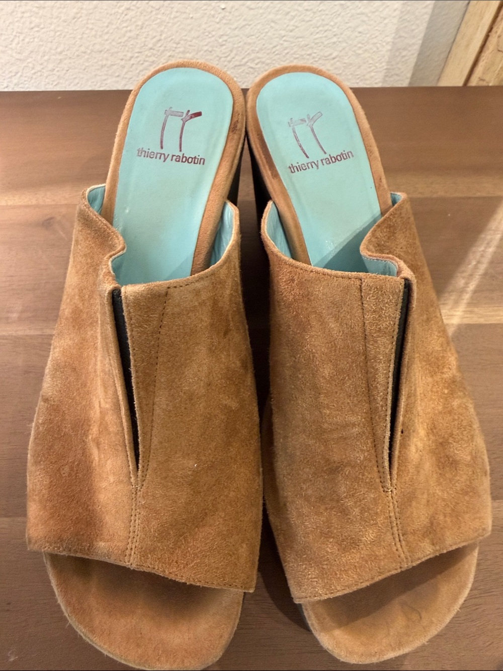 Thierry Rabotin Brown Suede Open-Back Mules with Aqua Insoles